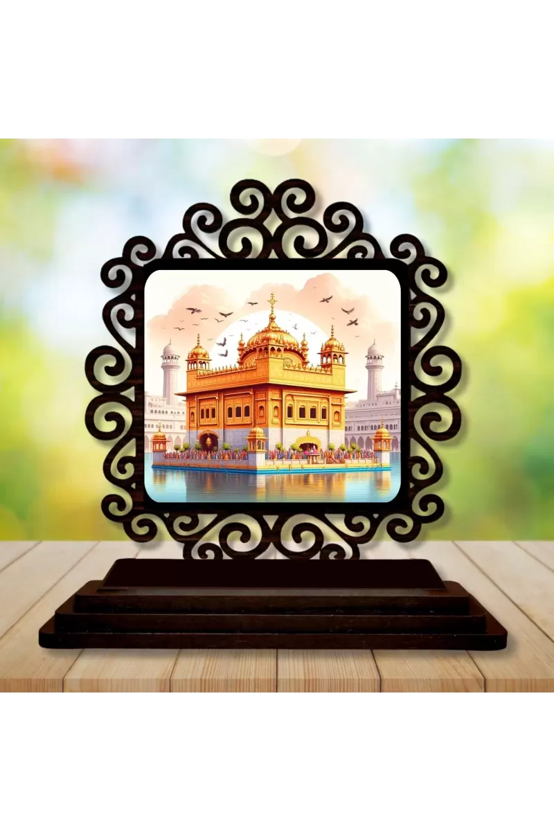 Car Desk/Table Top Golden Temple Wooden Photo Stand  3x4 Inches, Compact & Stylish Spiritual Display For Car, Home & Office (Pack Of 1) (F19864)