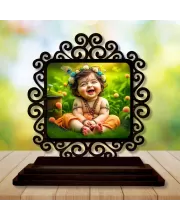 Car Desk/Table Top Little Krishna Wooden Photo Stand  3x4 Inches, Compact & Stylish Spiritual Display For Car, Home & Office (Pack Of 1) (F19868)
