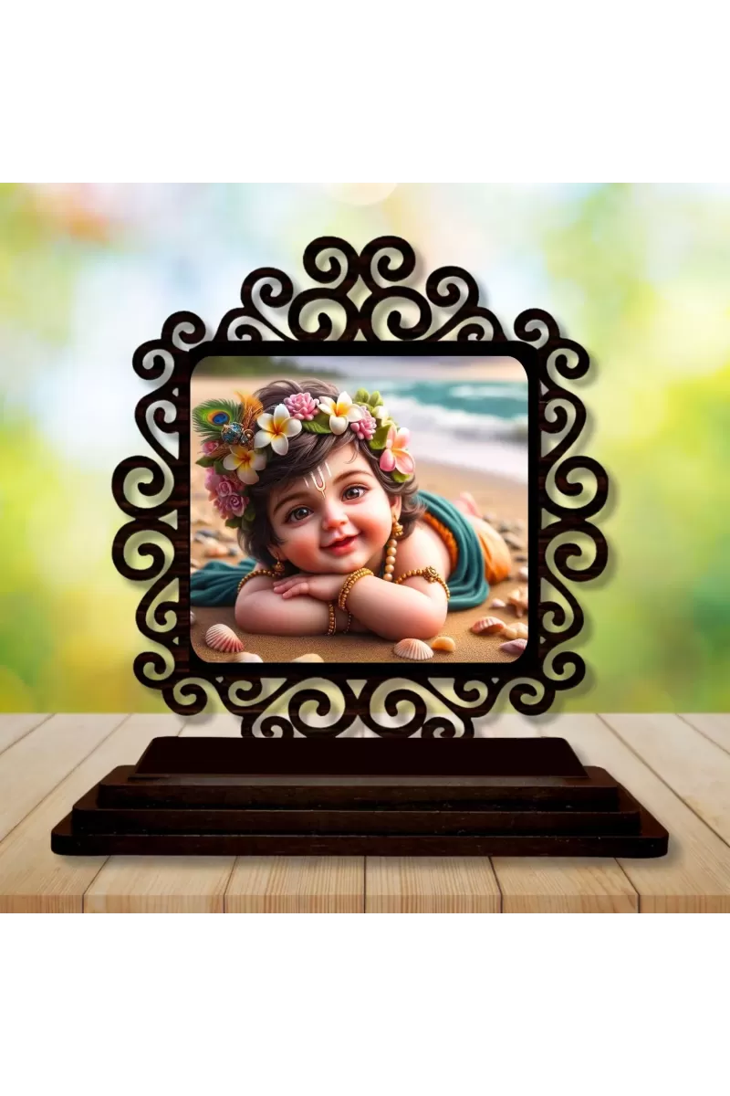 Car Desk/Table Top Little Krishna Wooden Photo Stand  3x4 Inches, Compact & Stylish Spiritual Display For Car, Home & Office (Pack Of 1) (F19869)