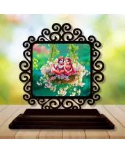 Car Desk/Table Top Radha Krishna Wooden Photo Stand  3x4 Inches, Compact & Stylish Spiritual Display For Car, Home & Office (Pack Of 1) (F19871)