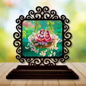 Car Desk/Table Top Radha Krishna Wooden Photo Stand  3x4 Inches, Compact & Stylish Spiritual Display For Car, Home & Office (Pack Of 1) (F19871)