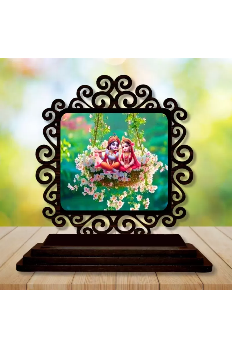 Car Desk/Table Top Radha Krishna Wooden Photo Stand  3x4 Inches, Compact & Stylish Spiritual Display For Car, Home & Office (Pack Of 1) (F19871)