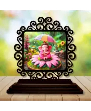 Car Desk/Table Top Lord Ganesha Wooden Photo Stand  3x4 Inches, Compact & Stylish Spiritual Display For Car, Home & Office (Pack Of 1) (F19872)