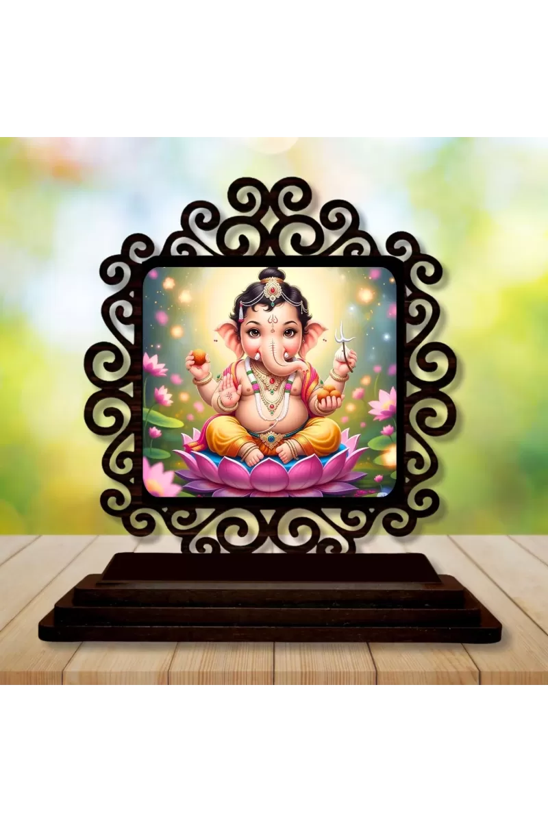 Car Desk/Table Top Lord Ganesha Wooden Photo Stand  3x4 Inches, Compact & Stylish Spiritual Display For Car, Home & Office (Pack Of 1) (F19875)