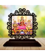 Car Desk/Table Top Lord Ganesha And Lakshmi And Saraswathi Wooden Photo Stand  3x4 Inches, Compact & Stylish Spiritual Display For Car, Home & Office (Pack Of 1) (F19876)