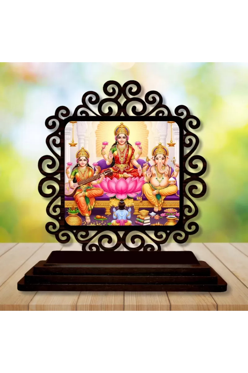 Car Desk/Table Top Lord Ganesha And Lakshmi And Saraswathi Wooden Photo Stand  3x4 Inches, Compact & Stylish Spiritual Display For Car, Home & Office (Pack Of 1) (F19876)