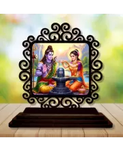 Car Desk/Table Top Lord Shiva And Parvathi Wooden Photo Stand  3x4 Inches, Compact & Stylish Spiritual Display For Car, Home & Office (Pack Of 1) (F19877)