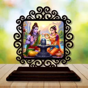Car Desk/Table Top Lord Shiva And Parvathi Wooden Photo Stand  3x4 Inches, Compact & Stylish Spiritual Display For Car, Home & Office (Pack Of 1) (F19877)