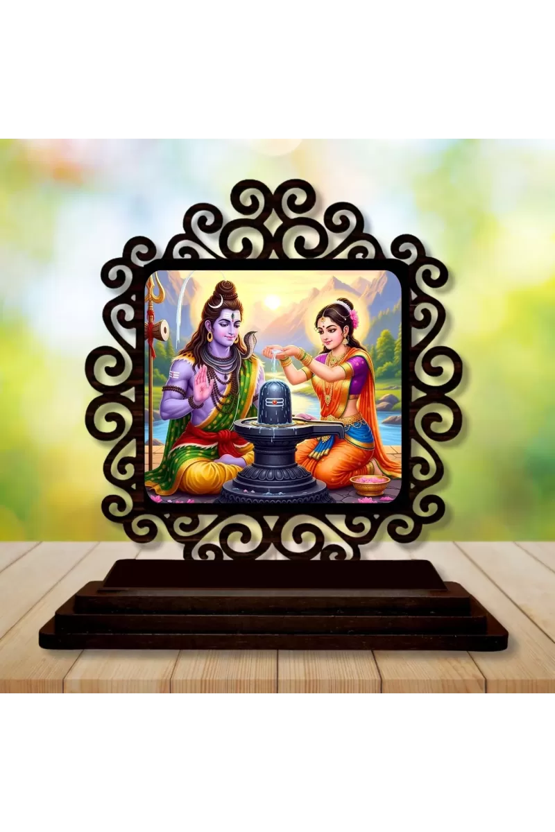 Car Desk/Table Top Lord Shiva And Parvathi Wooden Photo Stand  3x4 Inches, Compact & Stylish Spiritual Display For Car, Home & Office (Pack Of 1) (F19877)