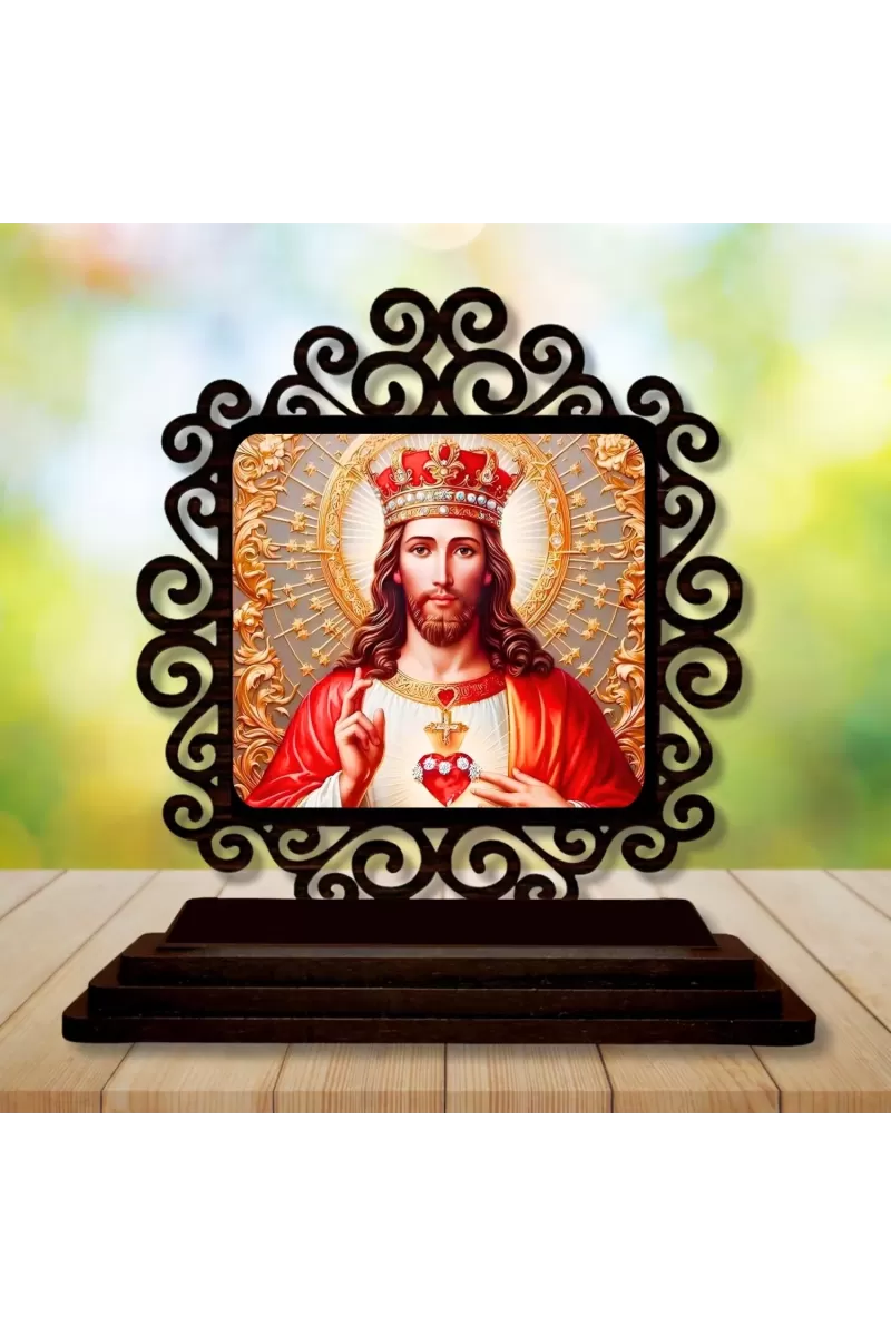 Car Desk/Table Top Lord Jesus Wooden Photo Stand  3x4 Inches, Compact & Stylish Spiritual Display For Car, Home & Office (Pack Of 1) (F19879)