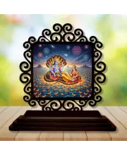 Car Desk/Table Top Lord Vishnu And Lakshmi Wooden Photo Stand  3x4 Inches, Compact & Stylish Spiritual Display For Car, Home & Office (Pack Of 1) (F19880)