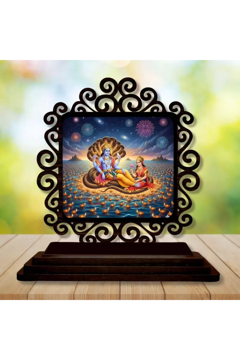 Car Desk/Table Top Lord Vishnu And Lakshmi Wooden Photo Stand  3x4 Inches, Compact & Stylish Spiritual Display For Car, Home & Office (Pack Of 1) (F19880)