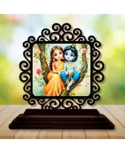 Car Desk/Table Top Radha Krishna Wooden Photo Stand  3x4 Inches, Compact & Stylish Spiritual Display For Car, Home & Office (Pack Of 1) (F19883)