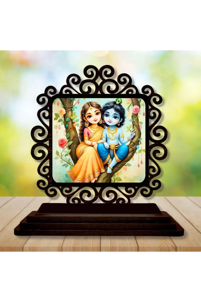 Car Desk/Table Top Radha Krishna Wooden Photo Stand  3x4 Inches, Compact & Stylish Spiritual Display For Car, Home & Office (Pack Of 1) (F19883)