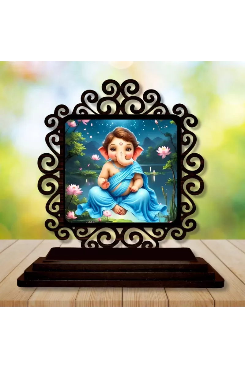Car Desk/Table Top Lord Ganesha Wooden Photo Stand  3x4 Inches, Compact & Stylish Spiritual Display For Car, Home & Office (Pack Of 1) (F19884)