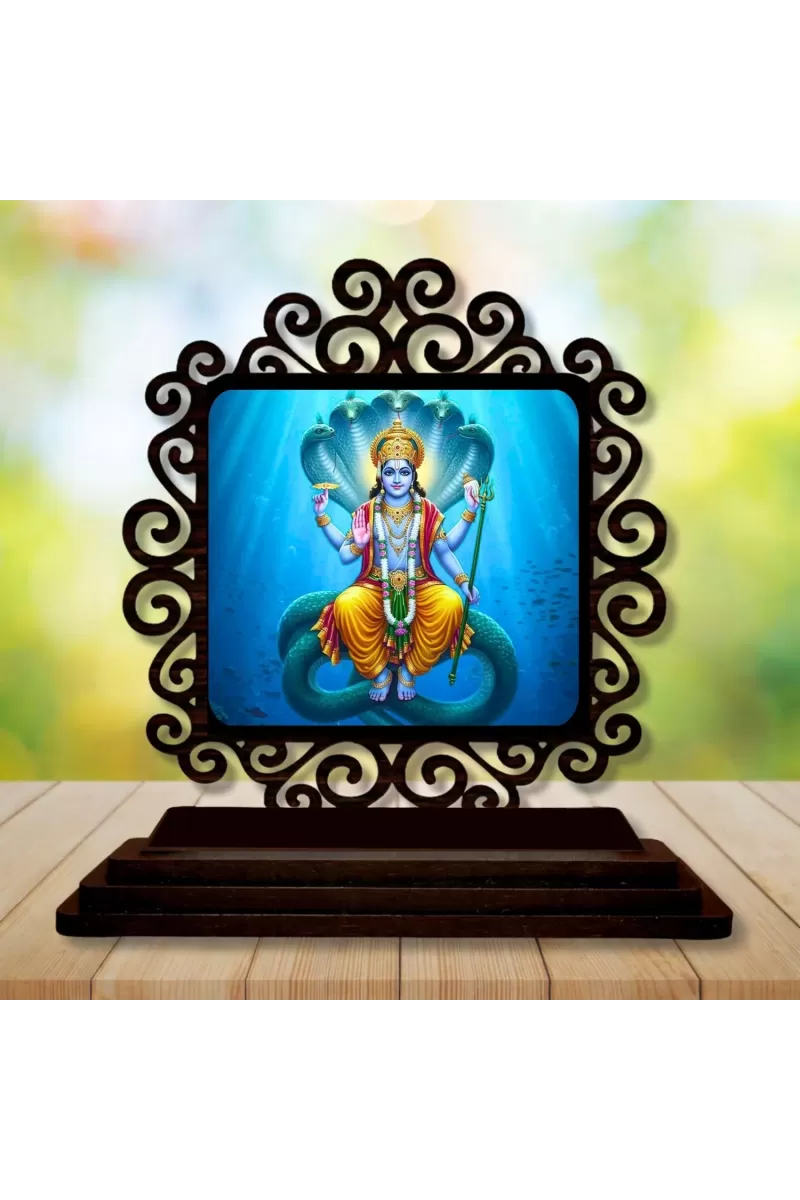Car Desk/Table Top Lord Vishnu Wooden Photo Stand  3x4 Inches, Compact & Stylish Spiritual Display For Car, Home & Office (Pack Of 1) (F19885)