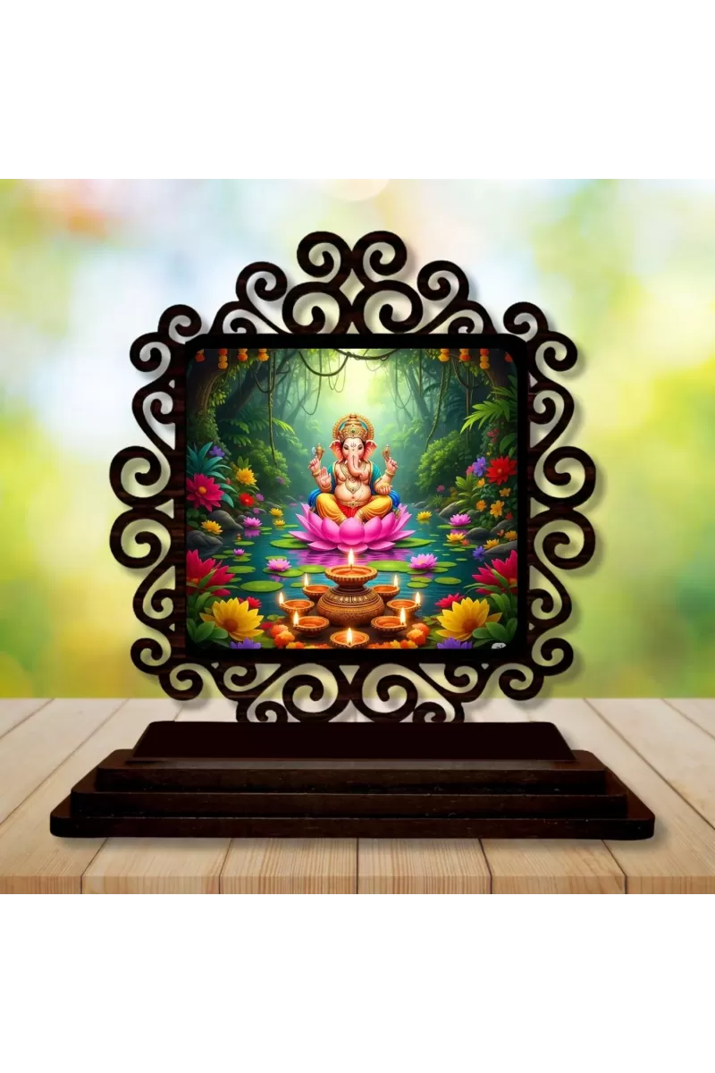 Car Desk/Table Top Lord Ganesha Wooden Photo Stand  3x4 Inches, Compact & Stylish Spiritual Display For Car, Home & Office (Pack Of 1) (F19886)