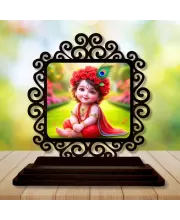Car Desk/Table Top Lord Krishna Wooden Photo Stand  3x4 Inches, Compact & Stylish Spiritual Display For Car, Home & Office (Pack Of 1) (F19888)