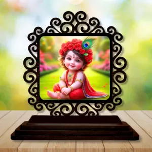 Car Desk/Table Top Lord Krishna Wooden Photo Stand  3x4 Inches, Compact & Stylish Spiritual Display For Car, Home & Office (Pack Of 1) (F19888)