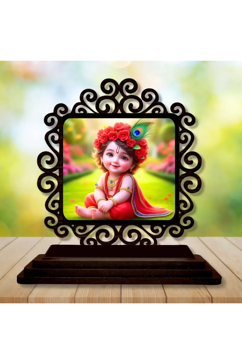 Car Desk/Table Top Lord Krishna Wooden Photo Stand  3x4 Inches, Compact & Stylish Spiritual Display For Car, Home & Office (Pack Of 1) (F19888)