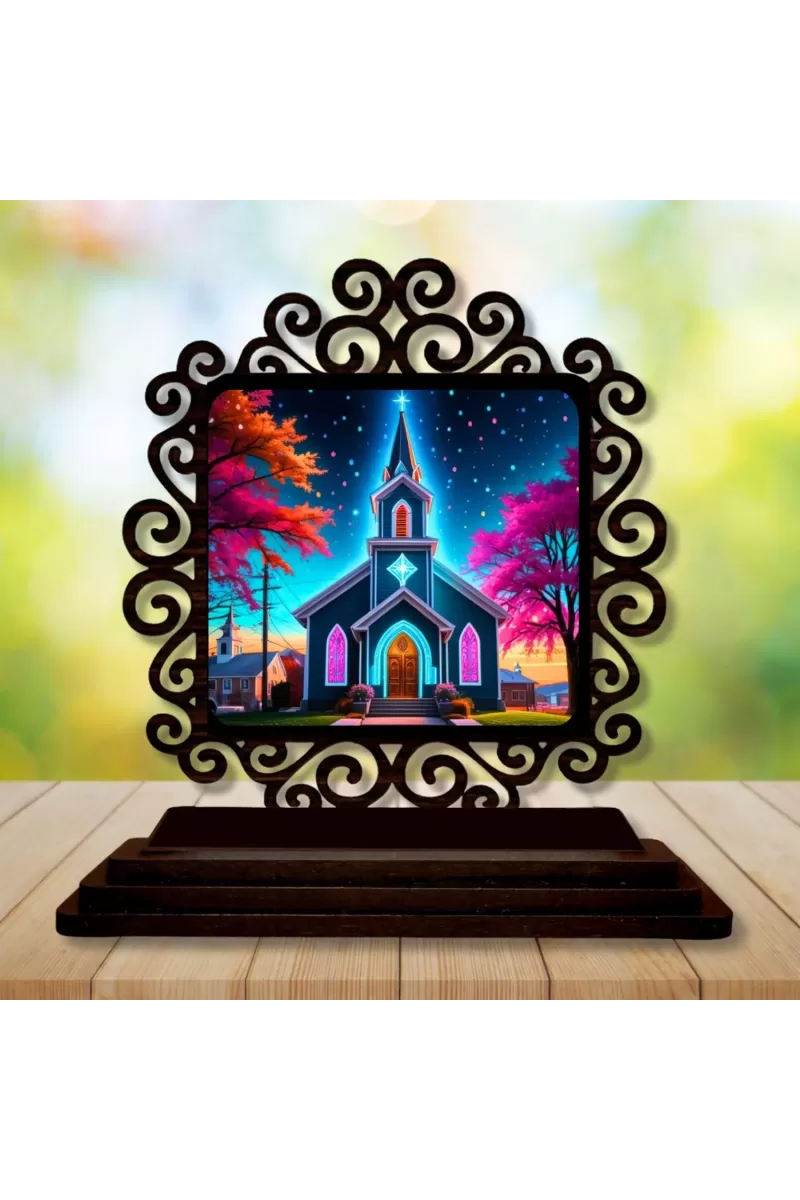 Car Desk/Table Top Beautiful Church Wooden Photo Stand  3x4 Inches, Compact & Stylish Spiritual Display For Car, Home & Office (Pack Of 1) (F19889)