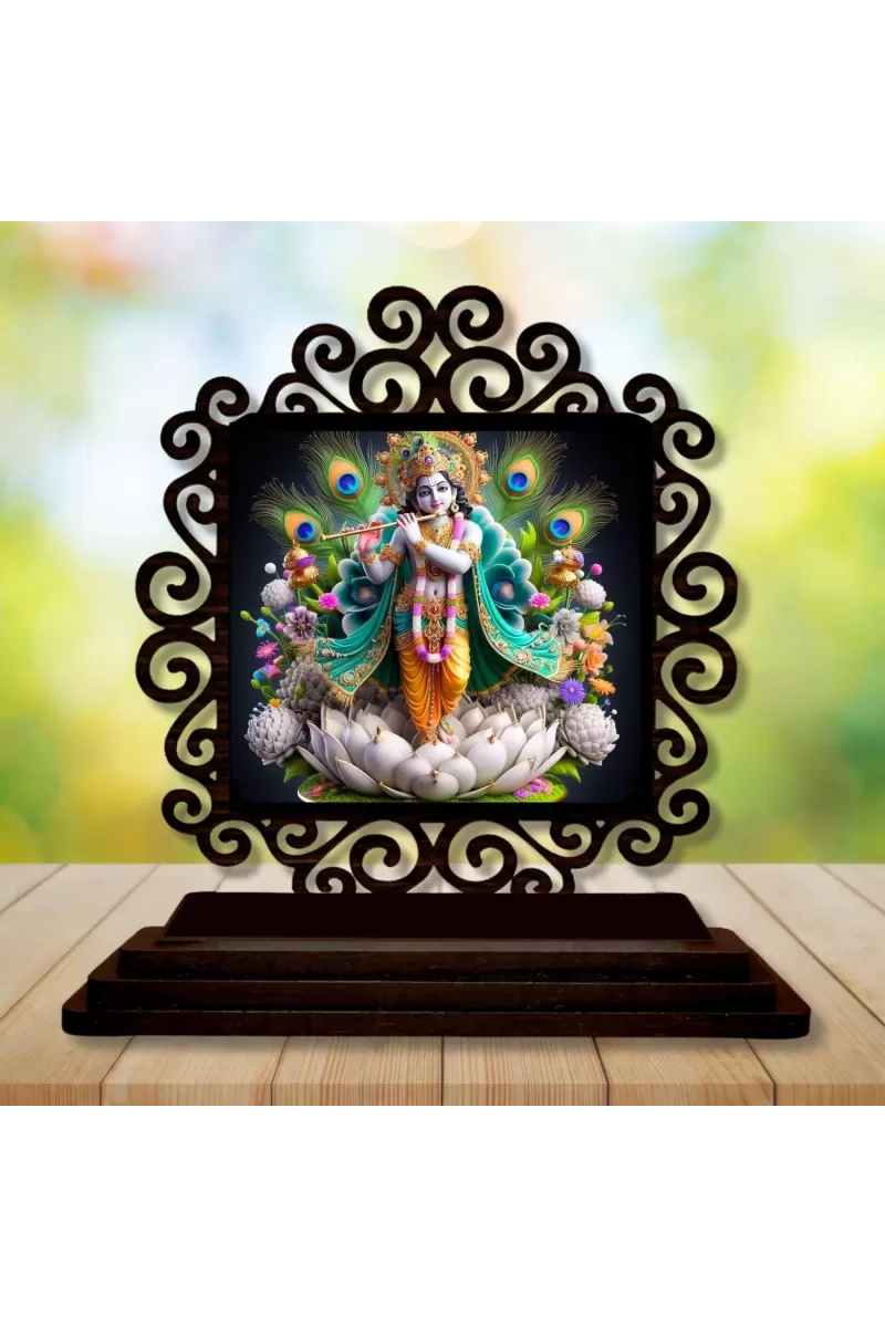 Car Desk/Table Top Lord Krishna Wooden Photo Stand  3x4 Inches, Compact & Stylish Spiritual Display For Car, Home & Office (Pack Of 1) (F19890)