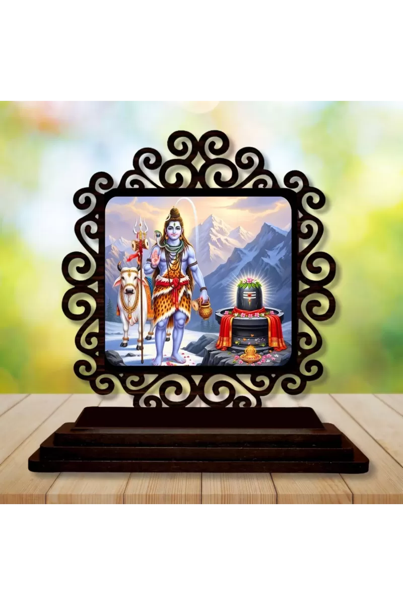 Car Desk/Table Top Lord Shiva And Lingam Wooden Photo Stand  3x4 Inches, Compact & Stylish Spiritual Display For Car, Home & Office (Pack Of 1) (F19891)