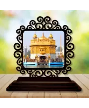 Car Desk/Table Top Golden Temple Wooden Photo Stand  3x4 Inches, Compact & Stylish Spiritual Display For Car, Home & Office (Pack Of 1) (F19893)