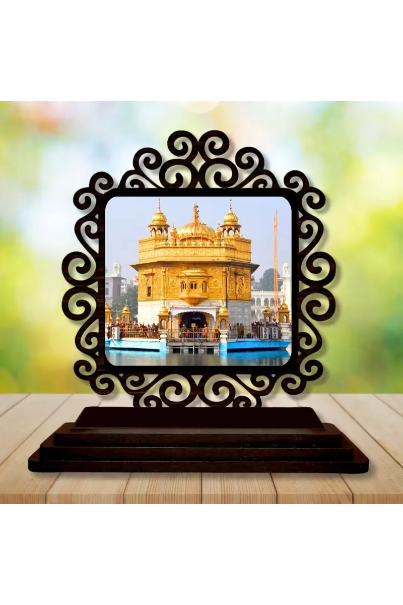 Car Desk/Table Top Golden Temple Wooden Photo Stand  3x4 Inches, Compact & Stylish Spiritual Display For Car, Home & Office (Pack Of 1) (F19893)