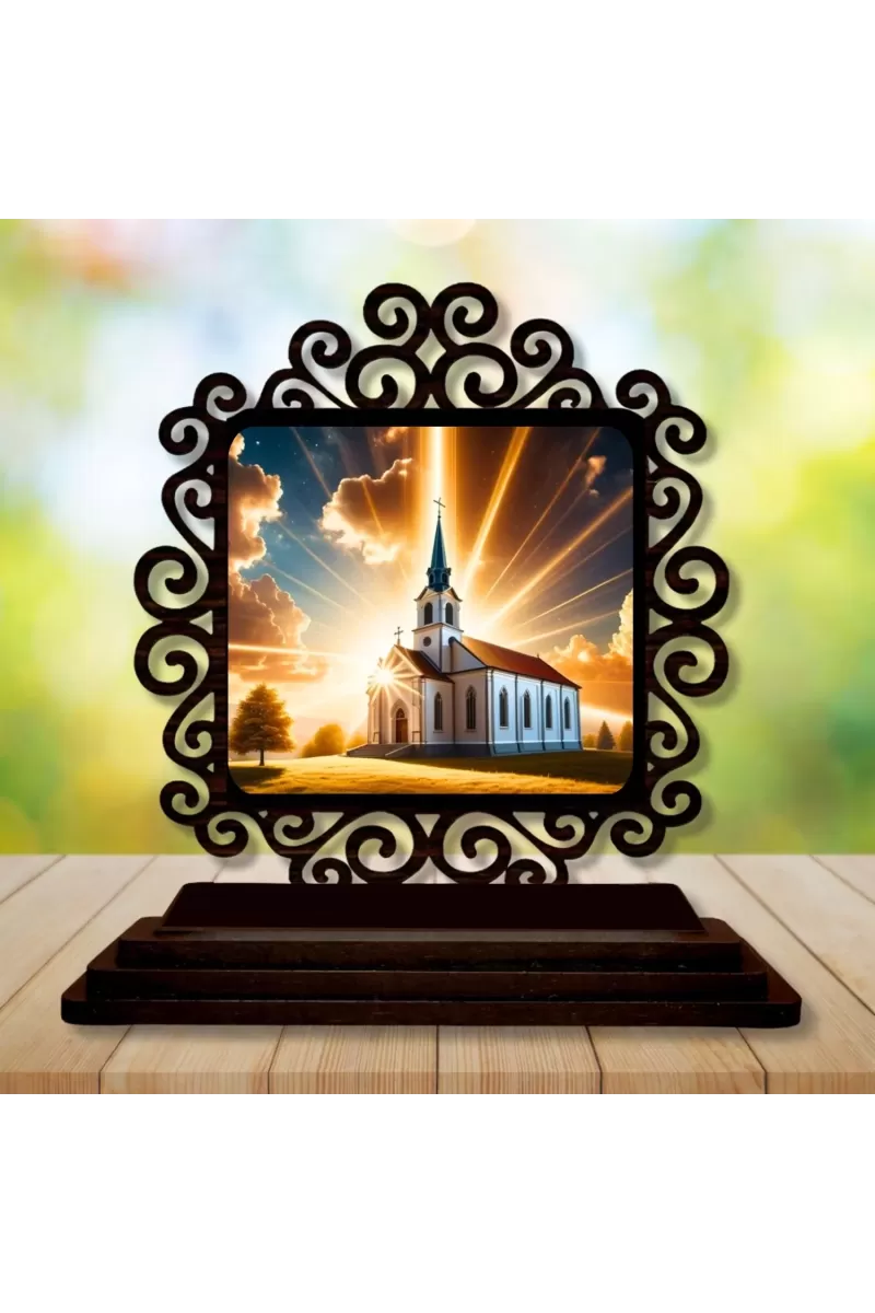 Car Desk/Table Top Beautiful Church Wooden Photo Stand  3x4 Inches, Compact & Stylish Spiritual Display For Car, Home & Office (Pack Of 1) (F19896)
