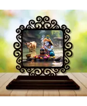 Car Desk/Table Top Lord Krishna Wooden Photo Stand  3x4 Inches, Compact & Stylish Spiritual Display For Car, Home & Office (Pack Of 1) (F19897)