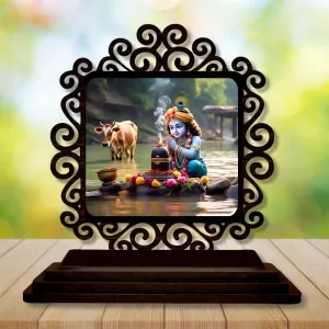 Car Desk/Table Top Lord Krishna Wooden Photo Stand  3x4 Inches, Compact & Stylish Spiritual Display For Car, Home & Office (Pack Of 1) (F19897)