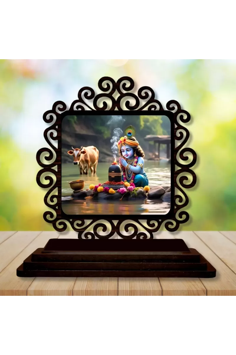 Car Desk/Table Top Lord Krishna Wooden Photo Stand  3x4 Inches, Compact & Stylish Spiritual Display For Car, Home & Office (Pack Of 1) (F19897)