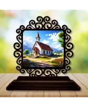 Car Desk/Table Top Beautiful Church Wooden Photo Stand  3x4 Inches, Compact & Stylish Spiritual Display For Car, Home & Office (Pack Of 1) (F19903)