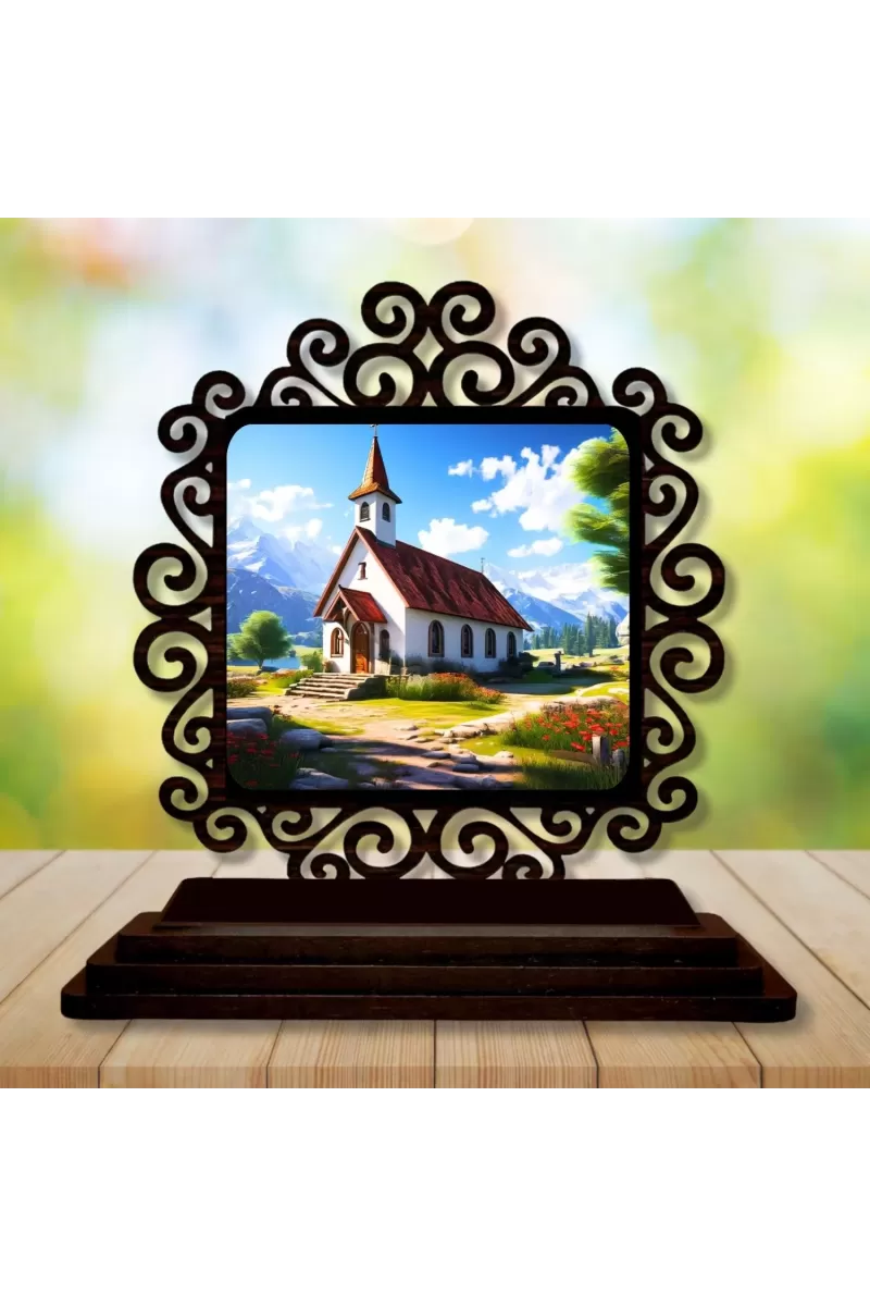 Car Desk/Table Top Beautiful Church Wooden Photo Stand  3x4 Inches, Compact & Stylish Spiritual Display For Car, Home & Office (Pack Of 1) (F19903)
