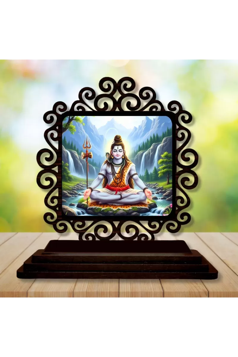 Car Desk/Table Top Lord Shiva Wooden Photo Stand  3x4 Inches, Compact & Stylish Spiritual Display For Car, Home & Office (Pack Of 1) (F19905)