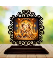 Car Desk/Table Top Radha Krishna Wooden Photo Stand  3x4 Inches, Compact & Stylish Spiritual Display For Car, Home & Office (Pack Of 1) (F19906)