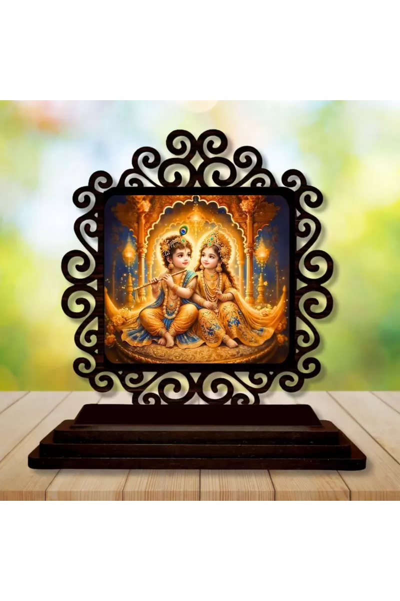 Car Desk/Table Top Radha Krishna Wooden Photo Stand  3x4 Inches, Compact & Stylish Spiritual Display For Car, Home & Office (Pack Of 1) (F19906)