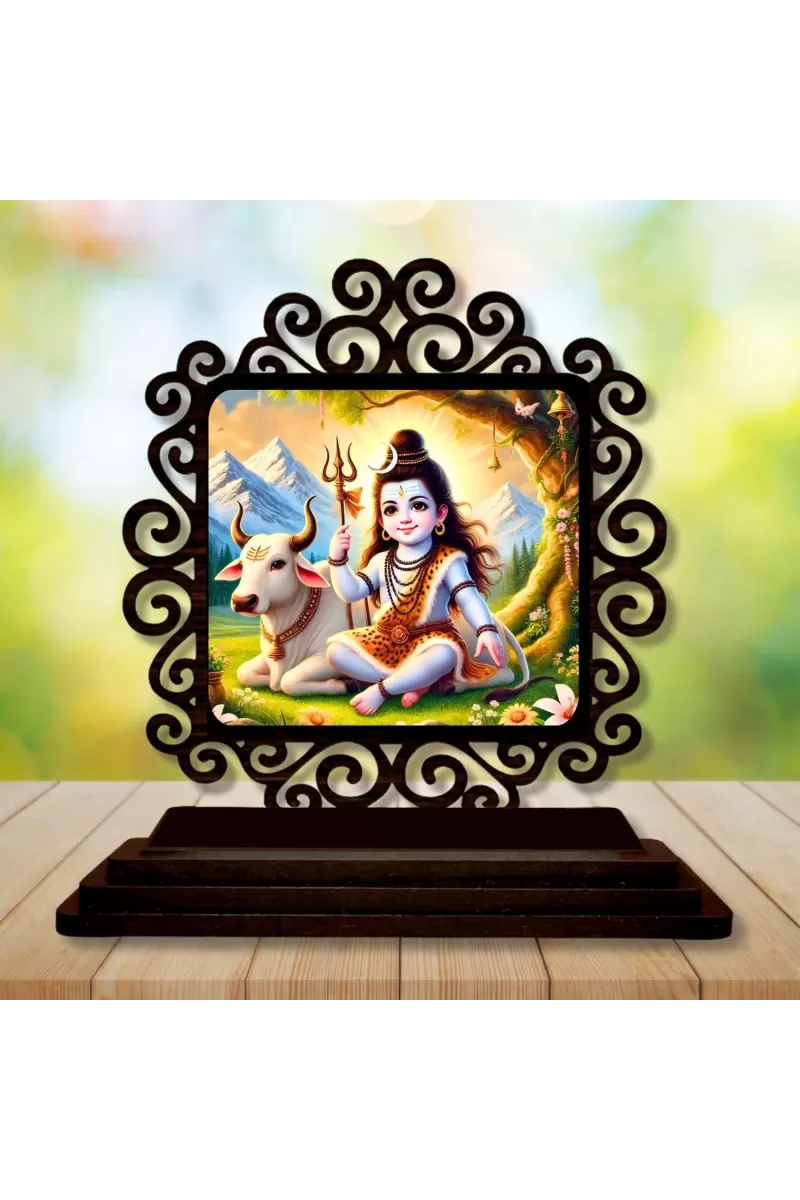Car Desk/Table Top Lord Shiva Wooden Photo Stand  3x4 Inches, Compact & Stylish Spiritual Display For Car, Home & Office (Pack Of 1) (F19907)