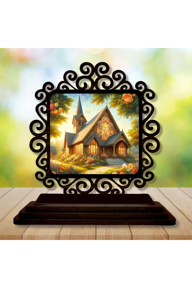 Car Desk/Table Top Beautiful Church Wooden Photo Stand  3x4 Inches, Compact & Stylish Spiritual Display For Car, Home & Office (Pack Of 1) (F19909)
