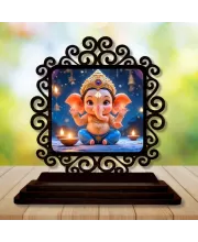 Car Desk/Table Top Lord Ganesha Wooden Photo Stand  3x4 Inches, Compact & Stylish Spiritual Display For Car, Home & Office (Pack Of 1) (F19911)