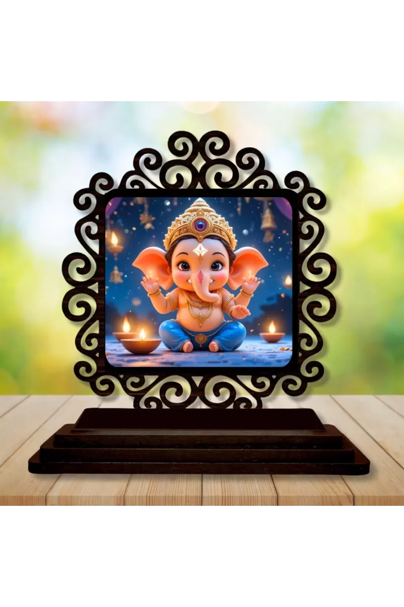 Car Desk/Table Top Lord Ganesha Wooden Photo Stand  3x4 Inches, Compact & Stylish Spiritual Display For Car, Home & Office (Pack Of 1) (F19911)
