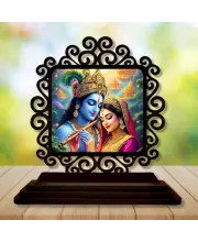 Car Desk/Table Top Lord Krishna And Radha Wooden Photo Stand  3x4 Inches, Compact & Stylish Spiritual Display For Car, Home & Office (Pack Of 1) (F19913)