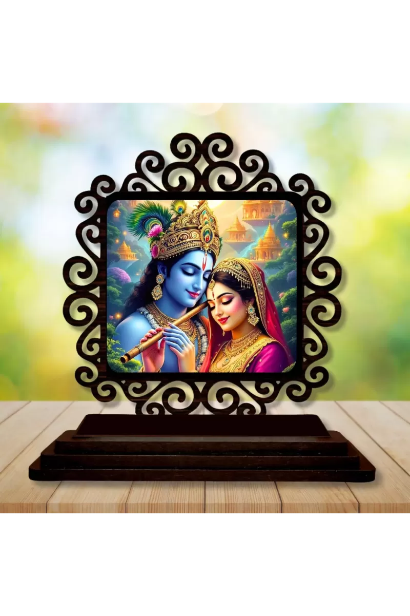 Car Desk/Table Top Lord Krishna And Radha Wooden Photo Stand  3x4 Inches, Compact & Stylish Spiritual Display For Car, Home & Office (Pack Of 1) (F19913)
