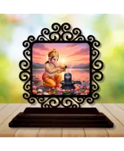 Car Desk/Table Top Lord Ganesha Worshipping Lingam Wooden Photo Stand  3x4 Inches, Compact & Stylish Spiritual Display For Car, Home & Office (Pack Of 1) (F19914)