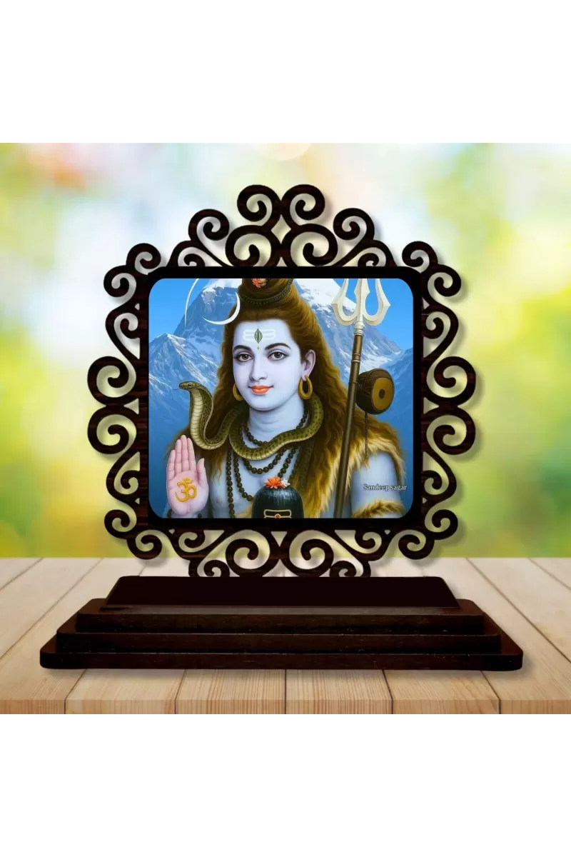 Car Desk/Table Top Lord Shiva Wooden Photo Stand  3x4 Inches, Compact & Stylish Spiritual Display For Car, Home & Office (Pack Of 1) (F19926)