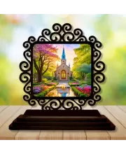 Car Desk/Table Top Beautiful Church Wooden Photo Stand  3x4 Inches, Compact & Stylish Spiritual Display For Car, Home & Office (Pack Of 1) (F19927)