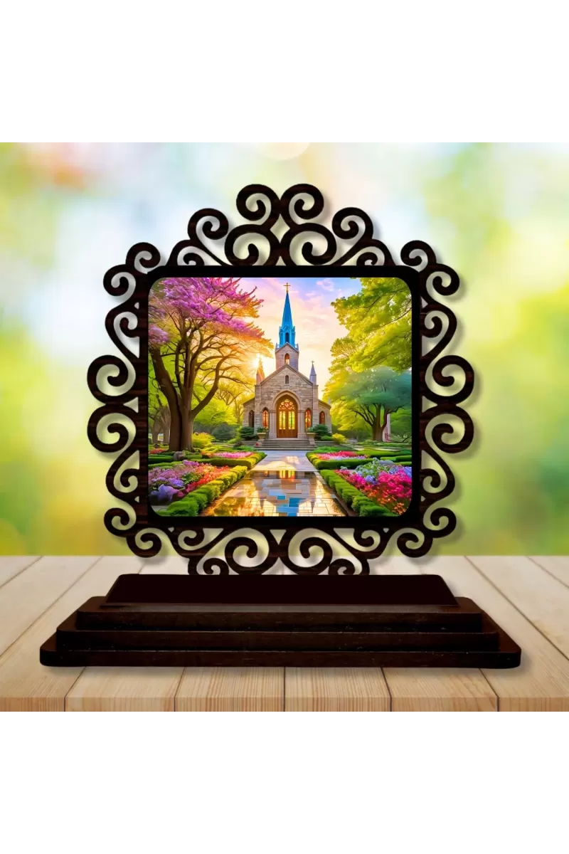 Car Desk/Table Top Beautiful Church Wooden Photo Stand  3x4 Inches, Compact & Stylish Spiritual Display For Car, Home & Office (Pack Of 1) (F19927)