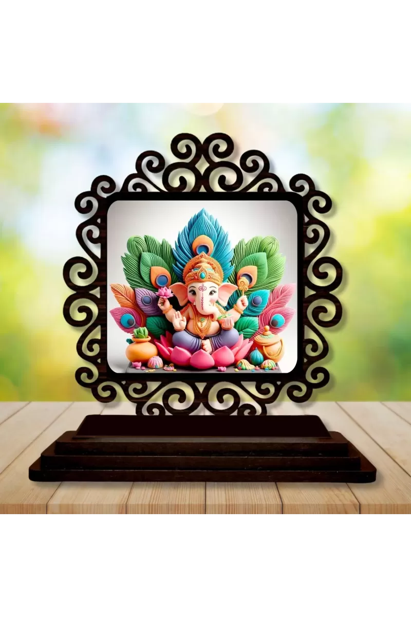 Car Desk/Table Top Lord Ganesha Wooden Photo Stand  3x4 Inches, Compact & Stylish Spiritual Display For Car, Home & Office (Pack Of 1) (F19929)