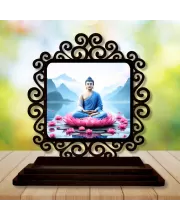 Car Desk/Table Top Lord Buddha Wooden Photo Stand  3x4 Inches, Compact & Stylish Spiritual Display For Car, Home & Office (Pack Of 1) (F19932)